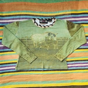 Y2K Graphic Horse Long Sleeve Shirt with Lace-Up Neckline